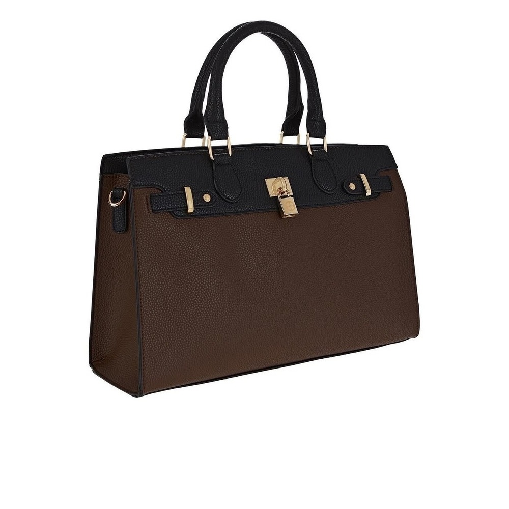 Joy Iman Split Leather Shoulder Bag Tote Satchel Black Brown Gold Chain